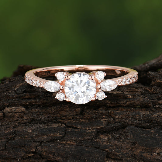 Round Cut Moissanite Cluster Engagement Ring Six Prong Setting