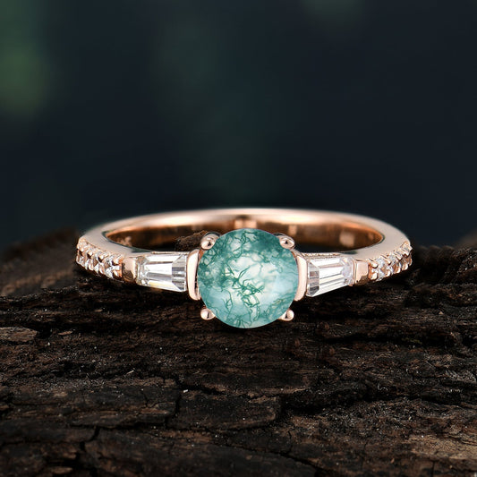 Moss Agate 1 Carat Light Green promise Ring with Side Stones