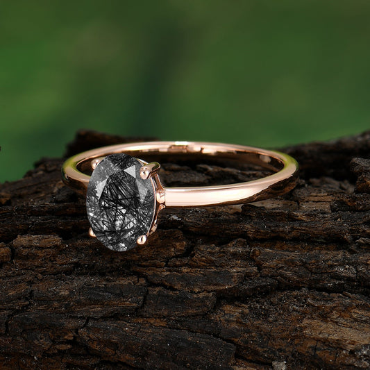 Minimalist Oval Cut 1.5 Carat Black Rutilated Quartz Solitaire Engagement Ring