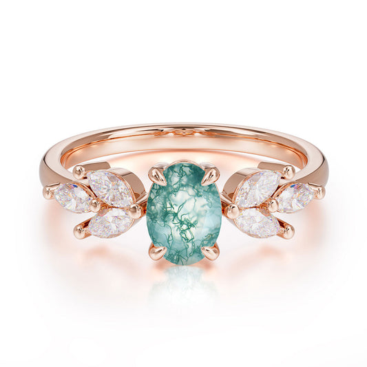 1 Carat Oval Cut Classic Moss Agate Nature Inspired Engagement Ring