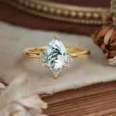 Pear Cut Vintage Moss Agate Engagement Ring Cluster Ring for Women