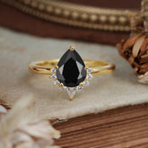 Pear Cut Vintage Black Onyx Engagement Ring Cluster Ring for Women