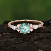 Round Cut Moss Agate Engagement Ring Cluster Anniversary Ring