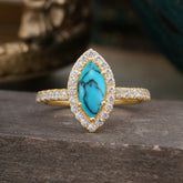 6 Prong Classic Marquise Cut Turquoise Halo Engagement Ring