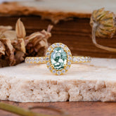1 Carat Oval Cut Classic Moss Agate Ring Half Eternity Band Halo Ring