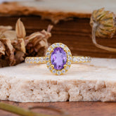 1 Carat Oval Cut Classic Amethyst Ring Half Eternity Band Halo Ring