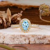 1 Carat Oval Cut Classic Aquamarine Ring Half Eternity Band Halo Ring