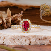 1 Carat Oval Cut Classic Ruby Ring Half Eternity Band Halo Ring