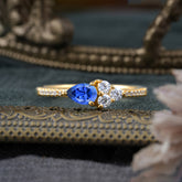 3 Prong Pear Shaped Sapphire Promise Wedding Band Ring with Three Round Stone