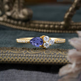3 Prong Pear Shaped Tanzanite Promise Wedding Band Ring with Three Round Stone