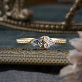 3 Prong Pear Shaped Black Rutilated Quartz Promise Wedding Band Ring with Three Round Stone