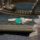 3 Prong Pear Shaped Emerald Promise Wedding Band Ring with Three Round Stone