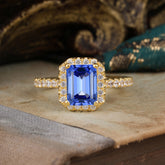 2 Carat Emerald Cut Sapphire 4 Prong Engagement Ring Pave Halo Bridal Ring