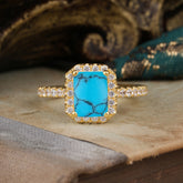 2 Carat Emerald Cut Turquoise 4 Prong Engagement Ring Pave Halo Bridal Ring
