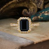 2 Carat Emerald Cut Black Onyx 4 Prong Engagement Ring Pave Halo Bridal Ring