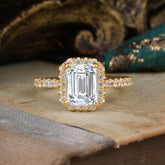 2 Carat Emerald Cut Lab Diamond 4 Prong Engagement Ring Pave Halo Bridal Ring
