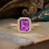 2 Carat Emerald Cut Amethyst 4 Prong Engagement Ring Pave Halo Bridal Ring