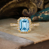 2 Carat Emerald Cut Aquamarine 4 Prong Engagement Ring Pave Halo Bridal Ring
