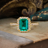 2 Carat Emerald Cut Emerald 4 Prong Engagement Ring Pave Halo Bridal Ring