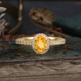 1 Carat Oval Cut Citrine Halo Ring with Pave Band