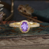 1 Carat Oval Cut Amethyst Halo Ring with Pave Band