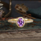 1 Carat Oval Cut Amethyst Halo Ring with Pave Band
