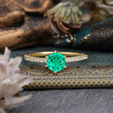 1 Carat Round Cut 6-Prong Emerald Wedding Ring Pave Milgrain Engagement Ring