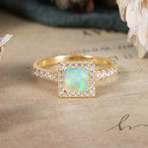 Princess Cut Opal Engagement Ring Half Eternity Halo Promise Ring