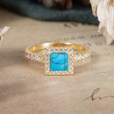 Princess Cut Turquoise Engagement Ring Half Eternity Halo Promise Ring