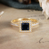 Princess Cut Black Onyx Engagement Ring Half Eternity Halo Promise Ring