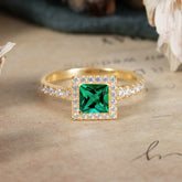 Princess Cut Emerald Engagement Ring Half Eternity Halo Promise Ring