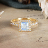 Princess Cut Natural Moonstone Engagement Ring Half Eternity Halo Promise Ring