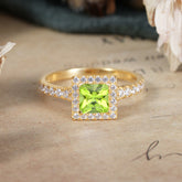Princess Cut Peridot Engagement Ring Half Eternity Halo Promise Ring