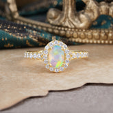 1 Carat Oval Cut Opal Engagement Ring Half Eternity Halo Promise Ring