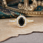 1 Carat Oval Cut Black Onyx Engagement Ring Half Eternity Halo Promise Ring