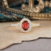 1 Carat Oval Cut Garnet Engagement Ring Half Eternity Halo Promise Ring