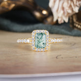 1 Carat Moss Agate Cut Classic Halo Emerald Engagement Ring