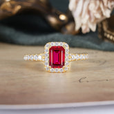 1 Carat Emerald Cut 4-Prong Ruby Classic Halo Engagement Ring