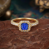4 Prong Princess Cut Sapphire Engagement Ring Halo Half Eternity Pave Band