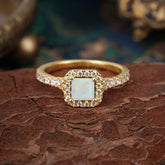 Princess Cut Opal Engagement Ring Halo Half Eternity Pave Band