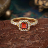 Princess Cut Garnet Engagement Ring Halo Half Eternity Pave Band
