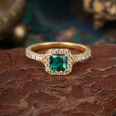 Princess Cut Emerald Engagement Ring Halo Half Eternity Pave Band