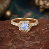 Princess Cut Moonstone Engagement Ring Halo Half Eternity Pave Band
