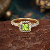 Princess Cut Peridot Engagement Ring Halo Half Eternity Pave Band
