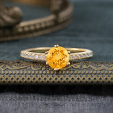 6-Prong Classic Round Cut Citrine Engagement Ring Pave Bridal Ring