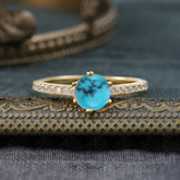 6-Prong Classic Round Cut Turquoise Engagement Ring Pave Bridal Ring