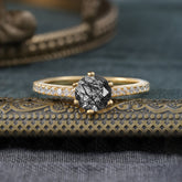 Classic Round Cut Black Rutilated Quartz Engagement Ring Pave Bridal Ring