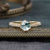 Classic Round Cut Moss Agate Engagement Ring Pave Bridal Ring