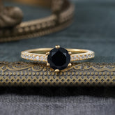 Classic Round Cut Black Onyx Engagement Ring Pave Bridal Ring