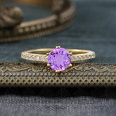 6-Prong Classic Round Cut Amethyst Engagement Ring Pave Bridal Ring